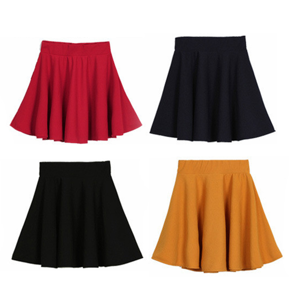 Women High Waist Short Plain Flared Pleated Sheer Skater Fippy Mini Skirts Black 