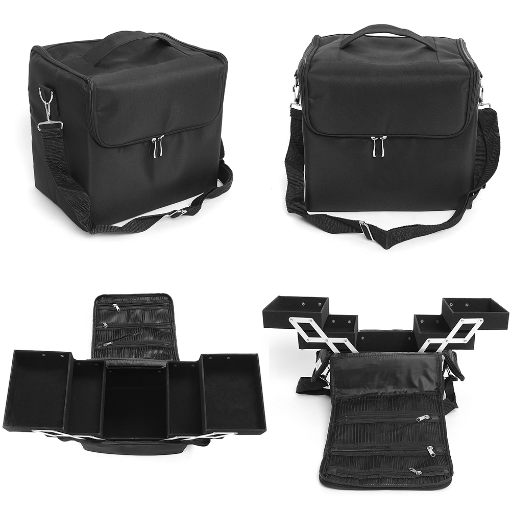 3-Layers Zipper Nylon Shoulder Strap Makeup Large Cosmetic Train Case Bag Black | eBay