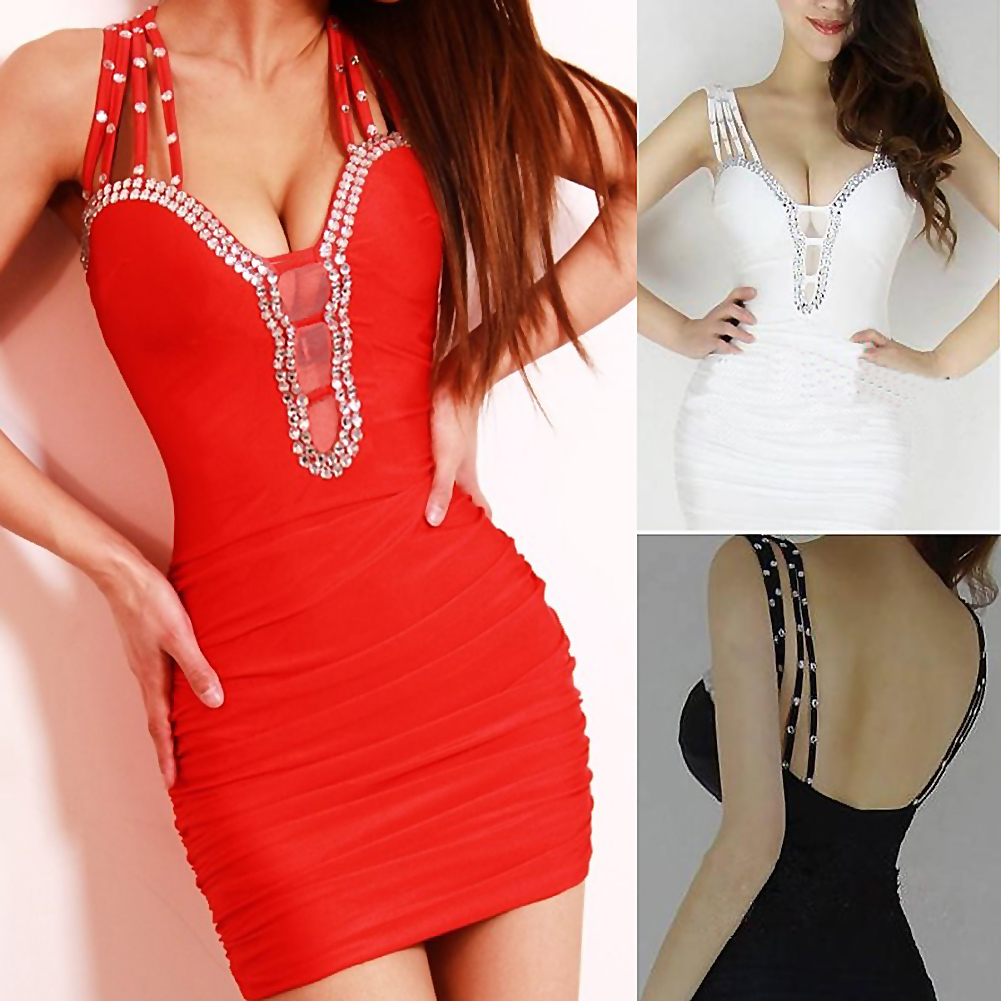 Sexy Slim Low Cut V Neck Backless Mini Dress Cocktail Party Clubwear