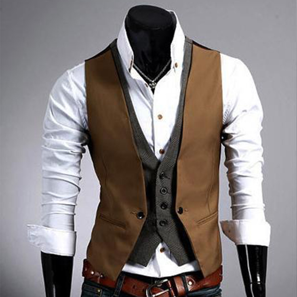 Men's V-neck Double Layered Fit Buttons Chained Vest Waistcoat Slim ...