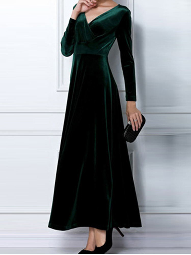 ... -Fall-Winter-V-Neck-Shimmer-Velvet-Stretchy-Long-Sleeve-Maxi-Dress