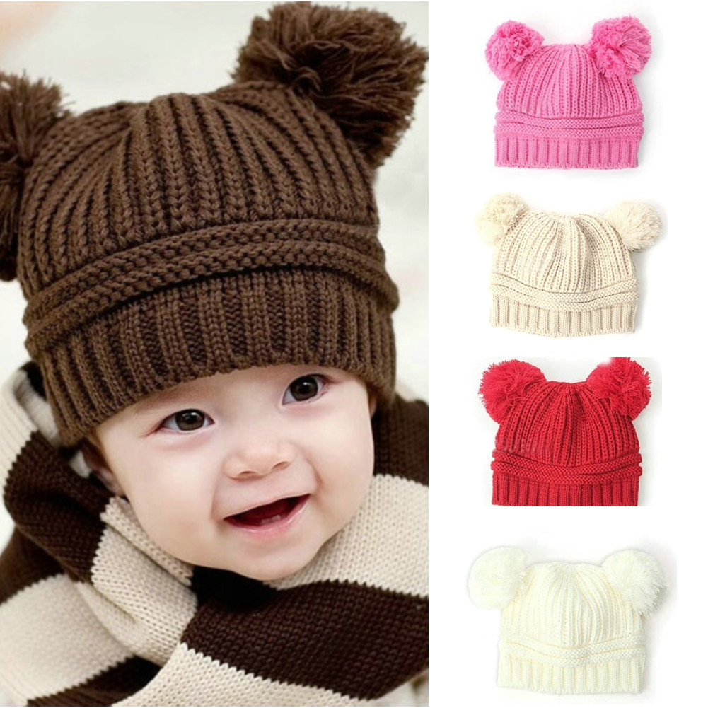 Korean Cute Baby Lovely Dual Ball Toddler Girls Wool Knit Beanie Cap Hat