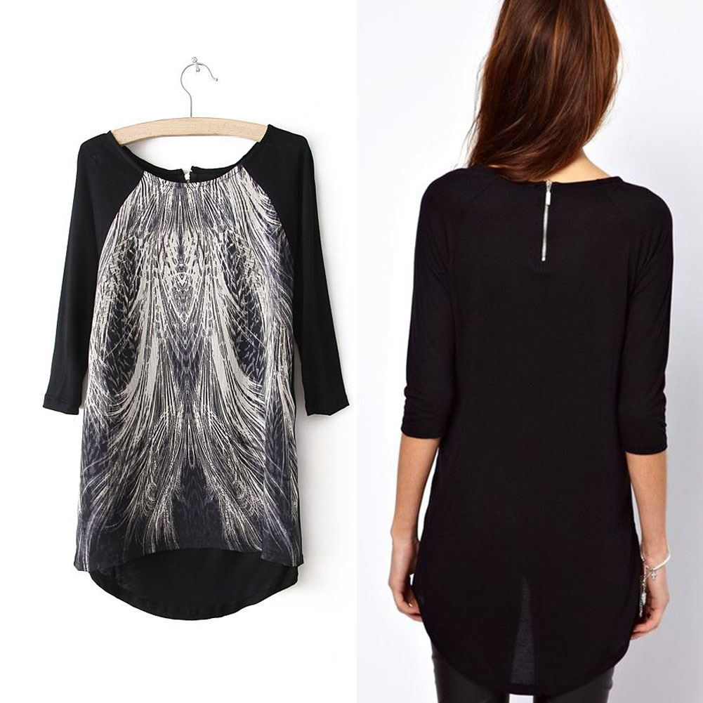 2013 Trendy Women Peacock Tail Printed Back Zip Top T-Shirt Long Blouse ...